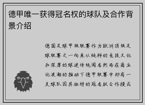 德甲唯一获得冠名权的球队及合作背景介绍